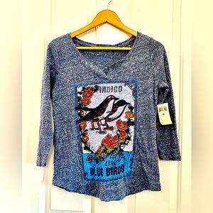 LUCKY BRAND TOP Blue Birds Matchbox Tee, size XS, 3/4 Sleeve, American Navy, NWT